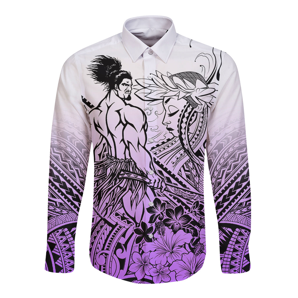 Beauty and The Warrior Polynesian Valentine Long Sleeve Button Shirt Hibiscus FLowers Purple Style LT9 Unisex Purple - Polynesian Pride