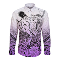 Beauty and The Warrior Polynesian Valentine Long Sleeve Button Shirt Hibiscus FLowers Purple Style LT9 Unisex Purple - Polynesian Pride