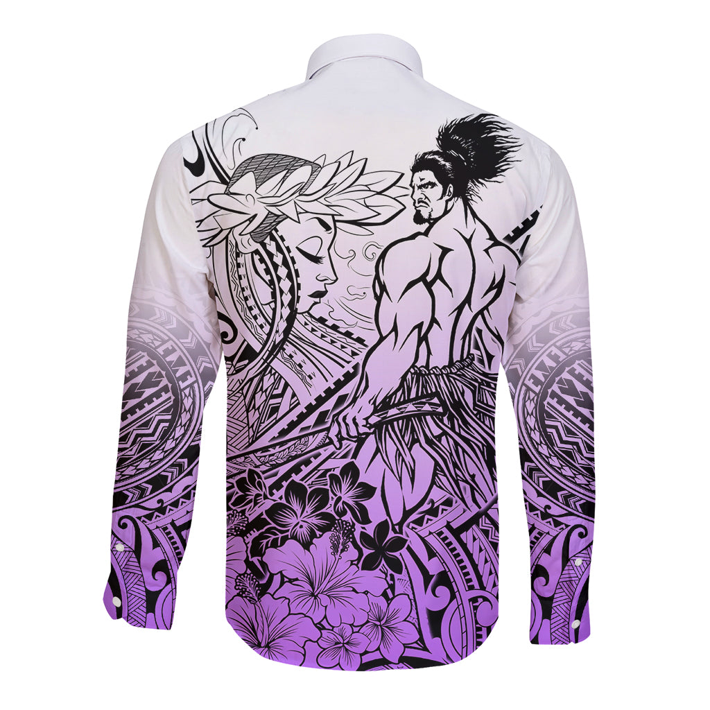 Beauty and The Warrior Polynesian Valentine Long Sleeve Button Shirt Hibiscus FLowers Purple Style LT9 - Polynesian Pride