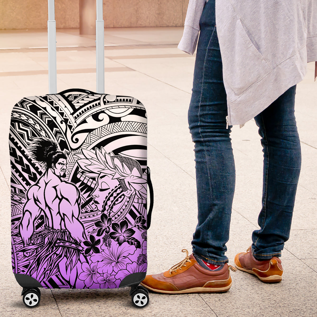 Beauty and The Warrior Polynesian Valentine Luggage Cover Hibiscus FLowers Purple Style LT9 Purple - Polynesian Pride
