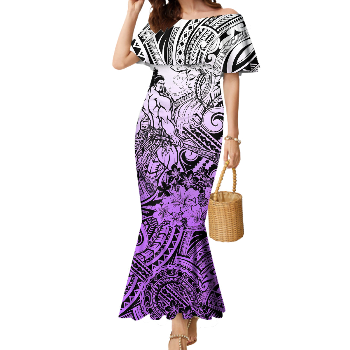 Beauty and The Warrior Polynesian Valentine Mermaid Dress Hibiscus FLowers Purple Style LT9 Women Purple - Polynesian Pride