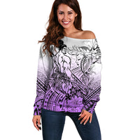 Beauty and The Warrior Polynesian Valentine Off Shoulder Sweater Hibiscus FLowers Purple Style LT9 Women Purple - Polynesian Pride