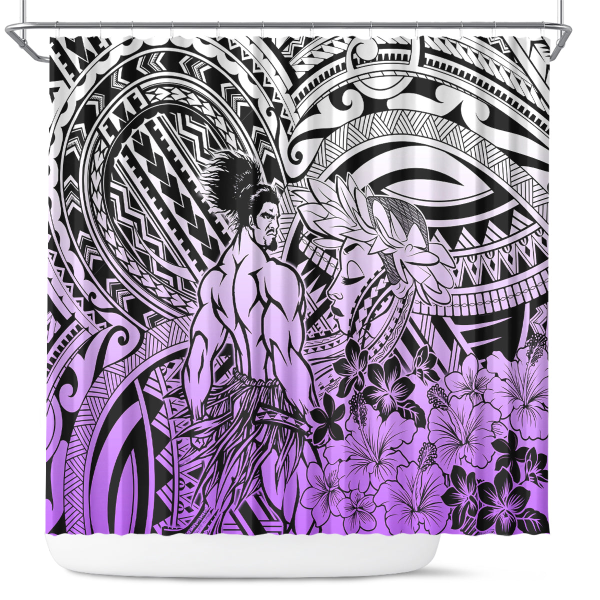 Beauty and The Warrior Polynesian Valentine Shower Curtain Hibiscus FLowers Purple Style LT9 Purple - Polynesian Pride