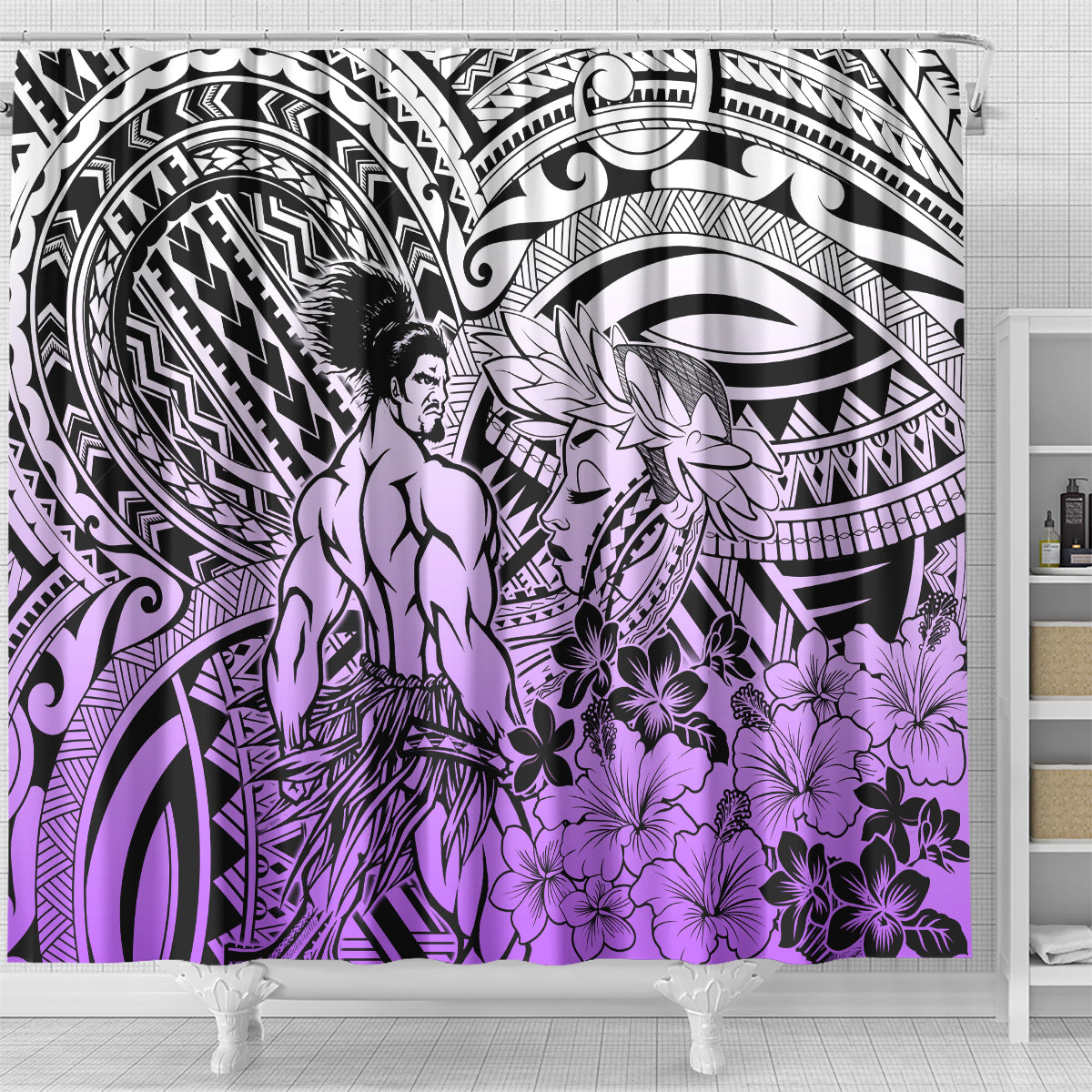 Beauty and The Warrior Polynesian Valentine Shower Curtain Hibiscus FLowers Purple Style LT9 - Polynesian Pride