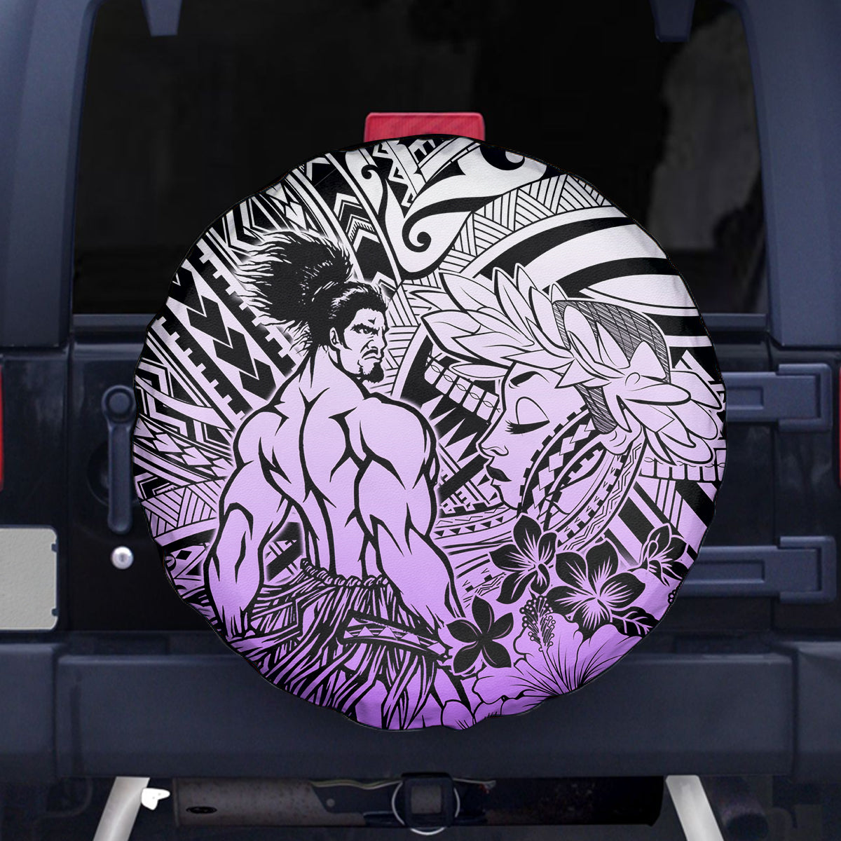 Beauty and The Warrior Polynesian Valentine Spare Tire Cover Hibiscus FLowers Purple Style LT9 Purple - Polynesian Pride