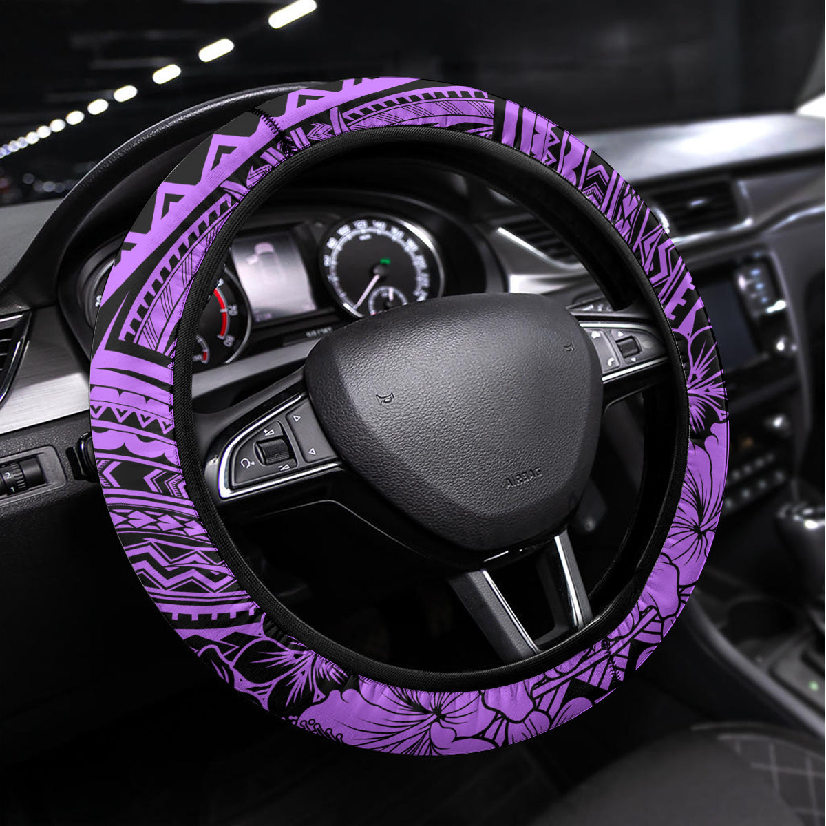 Beauty and The Warrior Polynesian Valentine Steering Wheel Cover Hibiscus FLowers Purple Style LT9 Universal Fit Purple - Polynesian Pride