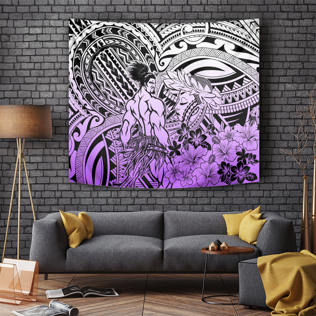 Beauty and The Warrior Polynesian Valentine Tapestry Hibiscus FLowers Purple Style LT9 Purple - Polynesian Pride