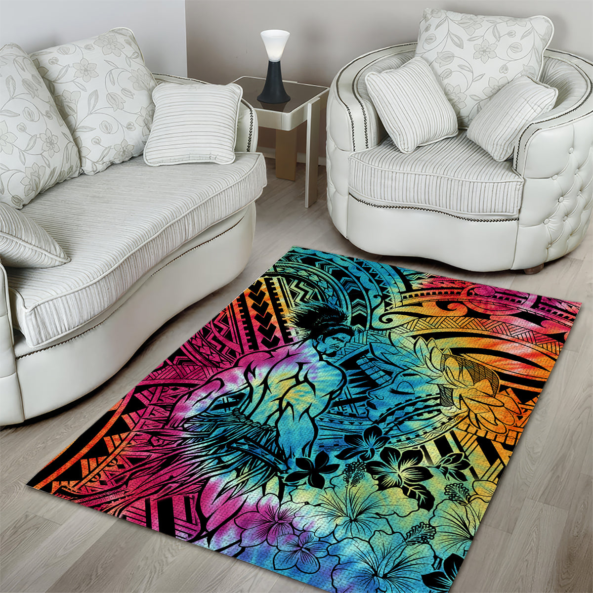 Beauty and The Warrior Polynesian Valentine Area Rug Hibiscus FLowers Rainbow Style LT9 - Polynesian Pride