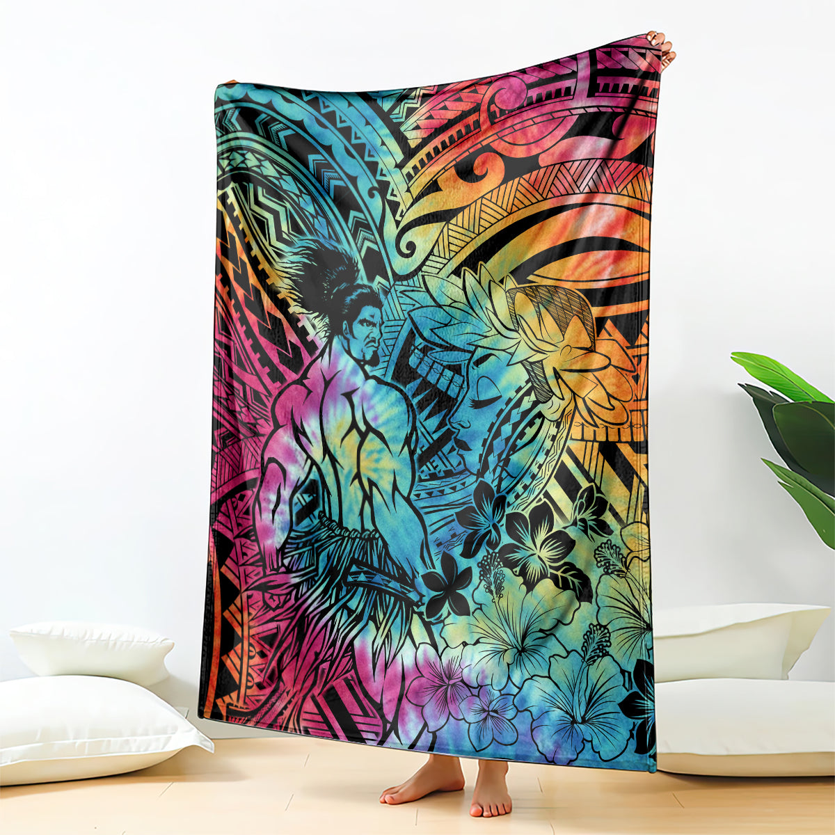 Beauty and The Warrior Polynesian Valentine Blanket Hibiscus FLowers Rainbow Style LT9 Rainbow - Polynesian Pride