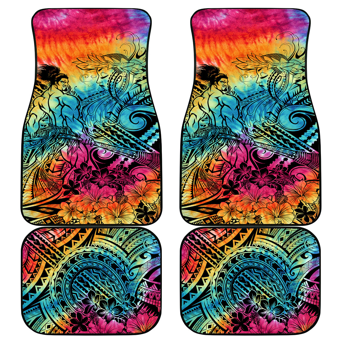 Beauty and The Warrior Polynesian Valentine Car Mats Hibiscus FLowers Rainbow Style LT9 Rainbow - Polynesian Pride