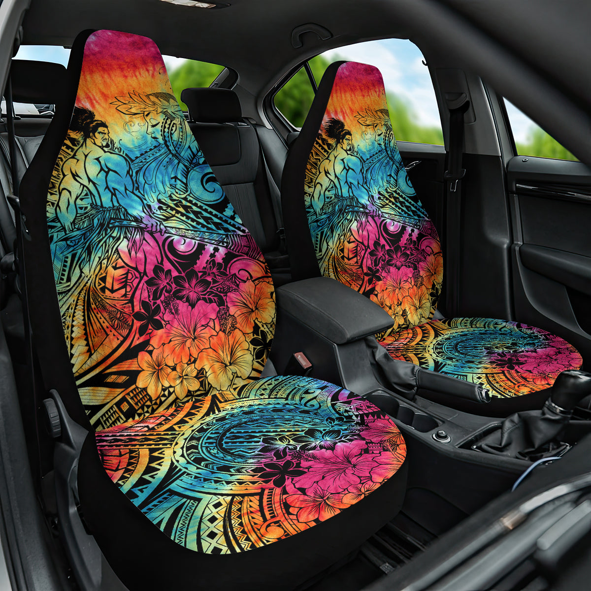Beauty and The Warrior Polynesian Valentine Car Seat Cover Hibiscus FLowers Rainbow Style LT9 One Size Rainbow - Polynesian Pride