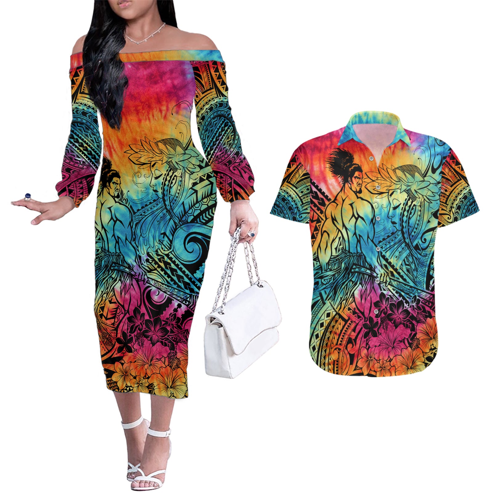 Beauty and The Warrior Polynesian Valentine Couples Matching Off The Shoulder Long Sleeve Dress and Hawaiian Shirt Hibiscus FLowers Rainbow Style LT9 Rainbow - Polynesian Pride