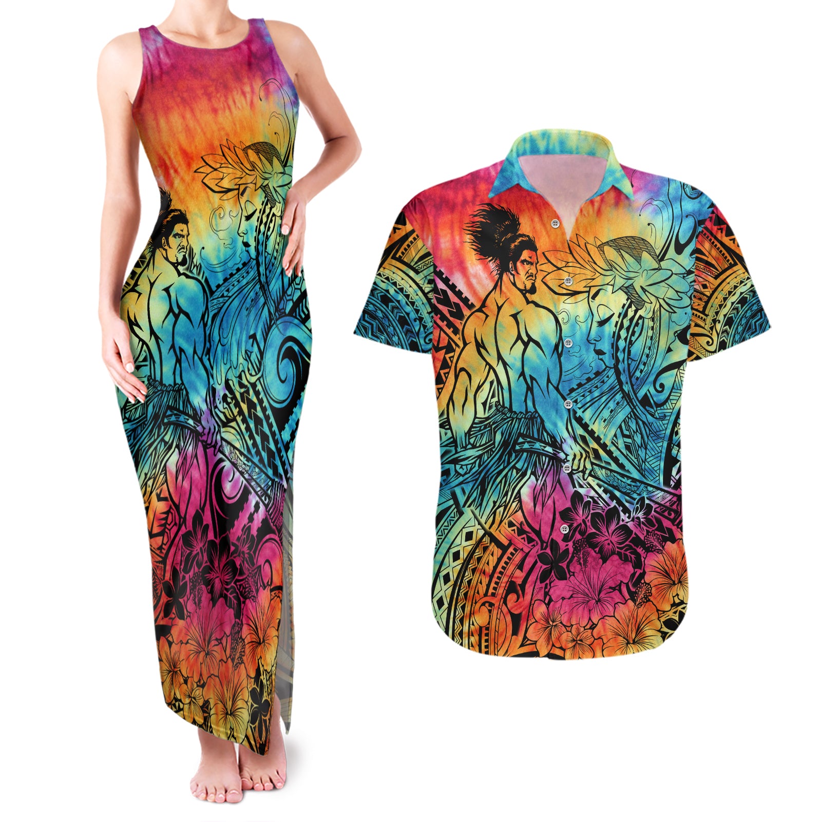 Beauty and The Warrior Polynesian Valentine Couples Matching Tank Maxi Dress and Hawaiian Shirt Hibiscus FLowers Rainbow Style LT9 Rainbow - Polynesian Pride