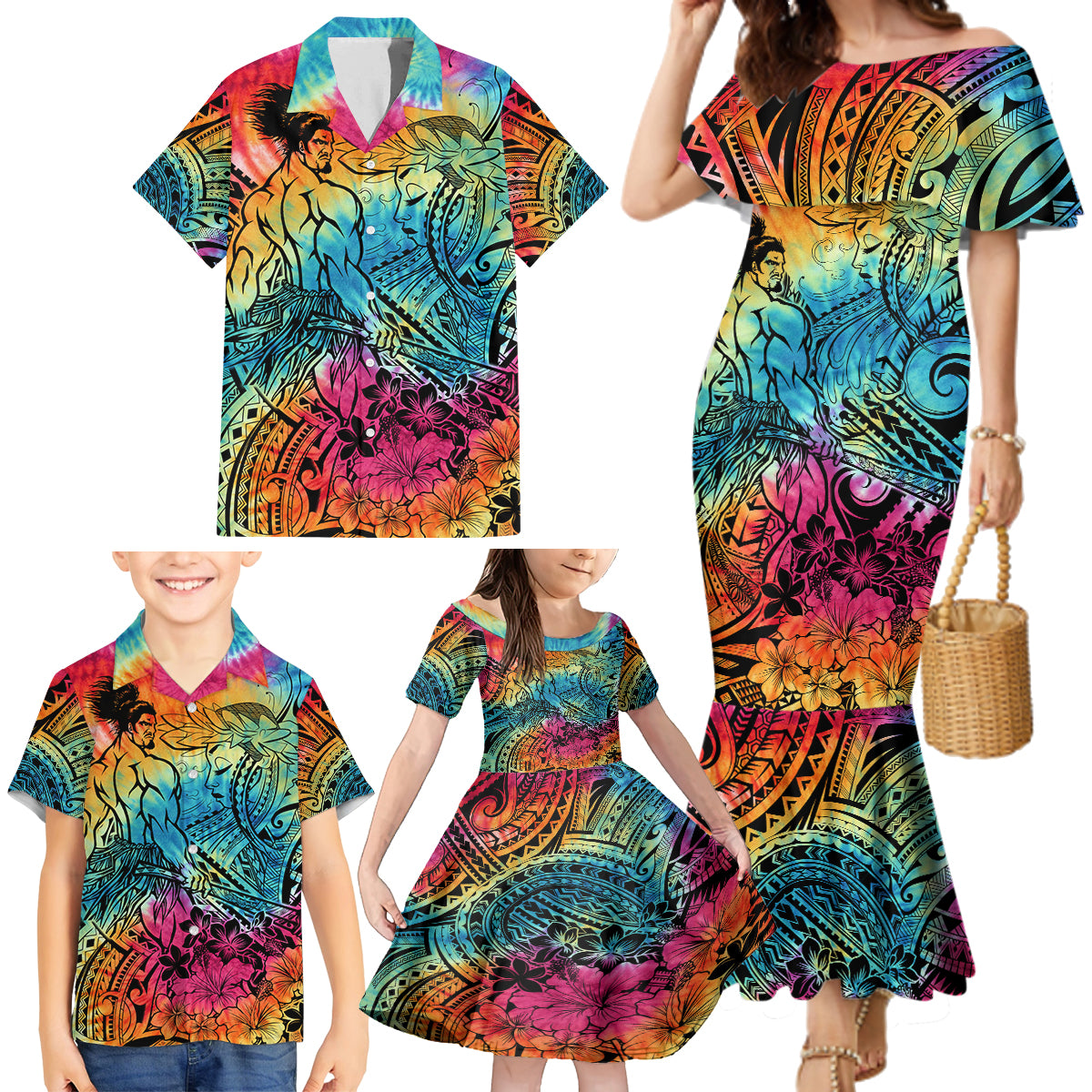 Beauty and The Warrior Polynesian Valentine Family Matching Mermaid Dress and Hawaiian Shirt Hibiscus FLowers Rainbow Style LT9 - Polynesian Pride