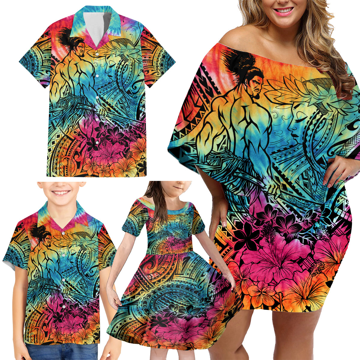 Beauty and The Warrior Polynesian Valentine Family Matching Off Shoulder Short Dress and Hawaiian Shirt Hibiscus FLowers Rainbow Style LT9 - Polynesian Pride