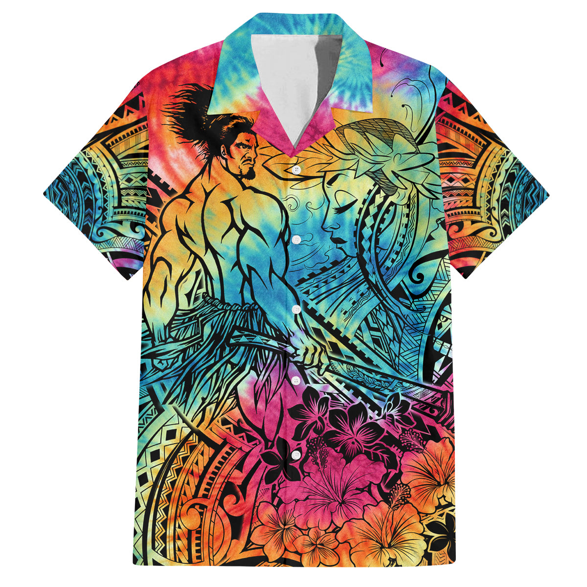 Beauty and The Warrior Polynesian Valentine Family Matching Off Shoulder Short Dress and Hawaiian Shirt Hibiscus FLowers Rainbow Style LT9 Dad's Shirt - Short Sleeve Rainbow - Polynesian Pride