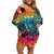 Beauty and The Warrior Polynesian Valentine Family Matching Off Shoulder Short Dress and Hawaiian Shirt Hibiscus FLowers Rainbow Style LT9 Mom's Dress Rainbow - Polynesian Pride