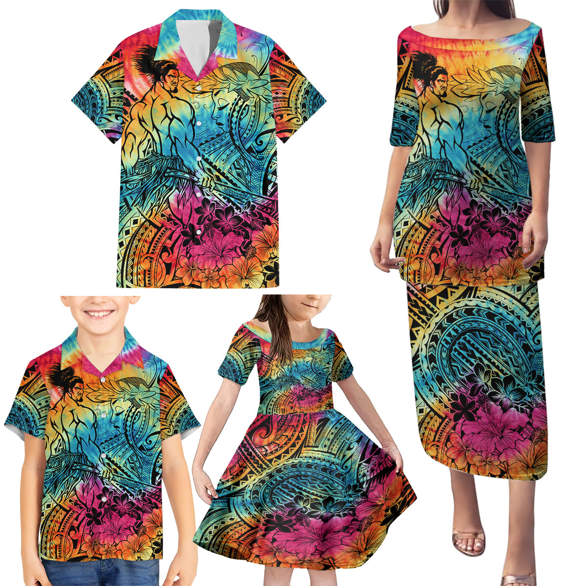 Beauty and The Warrior Polynesian Valentine Family Matching Puletasi Dress and Hawaiian Shirt Hibiscus FLowers Rainbow Style LT9 - Polynesian Pride