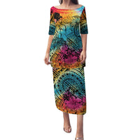 Beauty and The Warrior Polynesian Valentine Family Matching Puletasi Dress and Hawaiian Shirt Hibiscus FLowers Rainbow Style LT9 Mom's Dress Rainbow - Polynesian Pride
