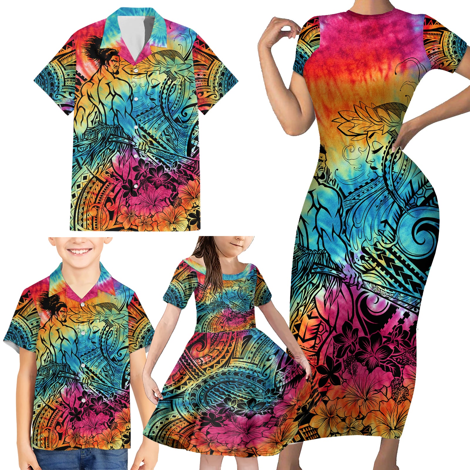 Beauty and The Warrior Polynesian Valentine Family Matching Short Sleeve Bodycon Dress and Hawaiian Shirt Hibiscus FLowers Rainbow Style LT9 - Polynesian Pride