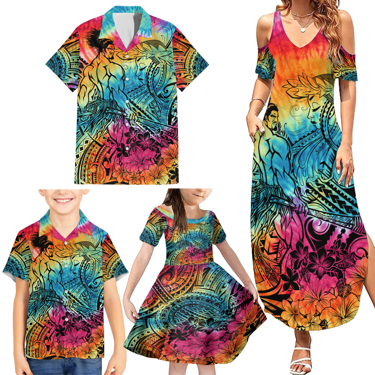 Beauty and The Warrior Polynesian Valentine Family Matching Summer Maxi Dress and Hawaiian Shirt Hibiscus FLowers Rainbow Style LT9 - Polynesian Pride