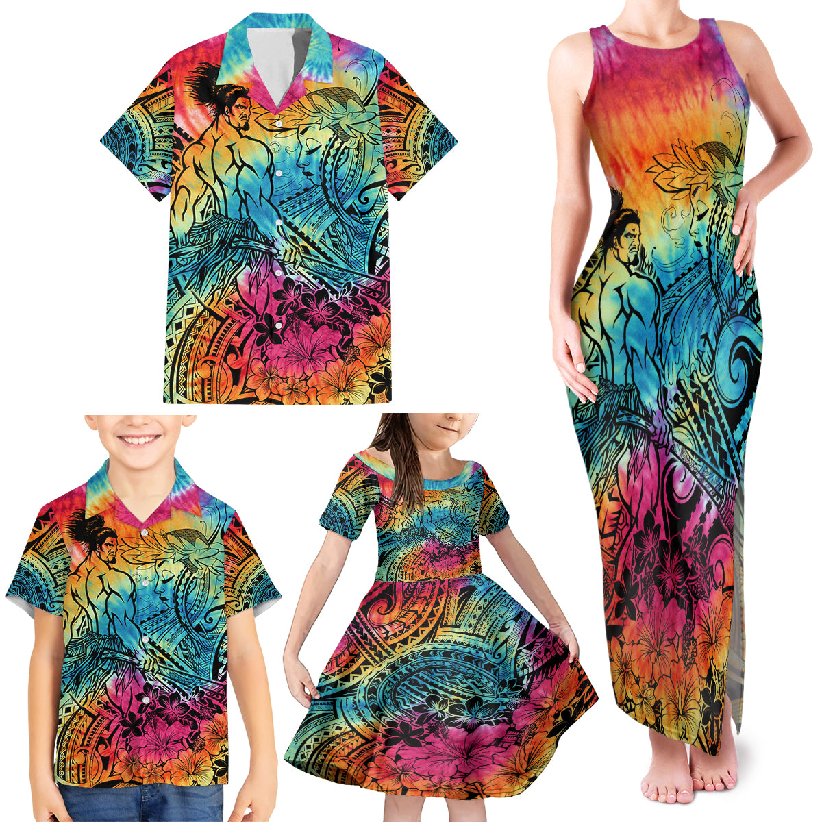 Beauty and The Warrior Polynesian Valentine Family Matching Tank Maxi Dress and Hawaiian Shirt Hibiscus FLowers Rainbow Style LT9 - Polynesian Pride