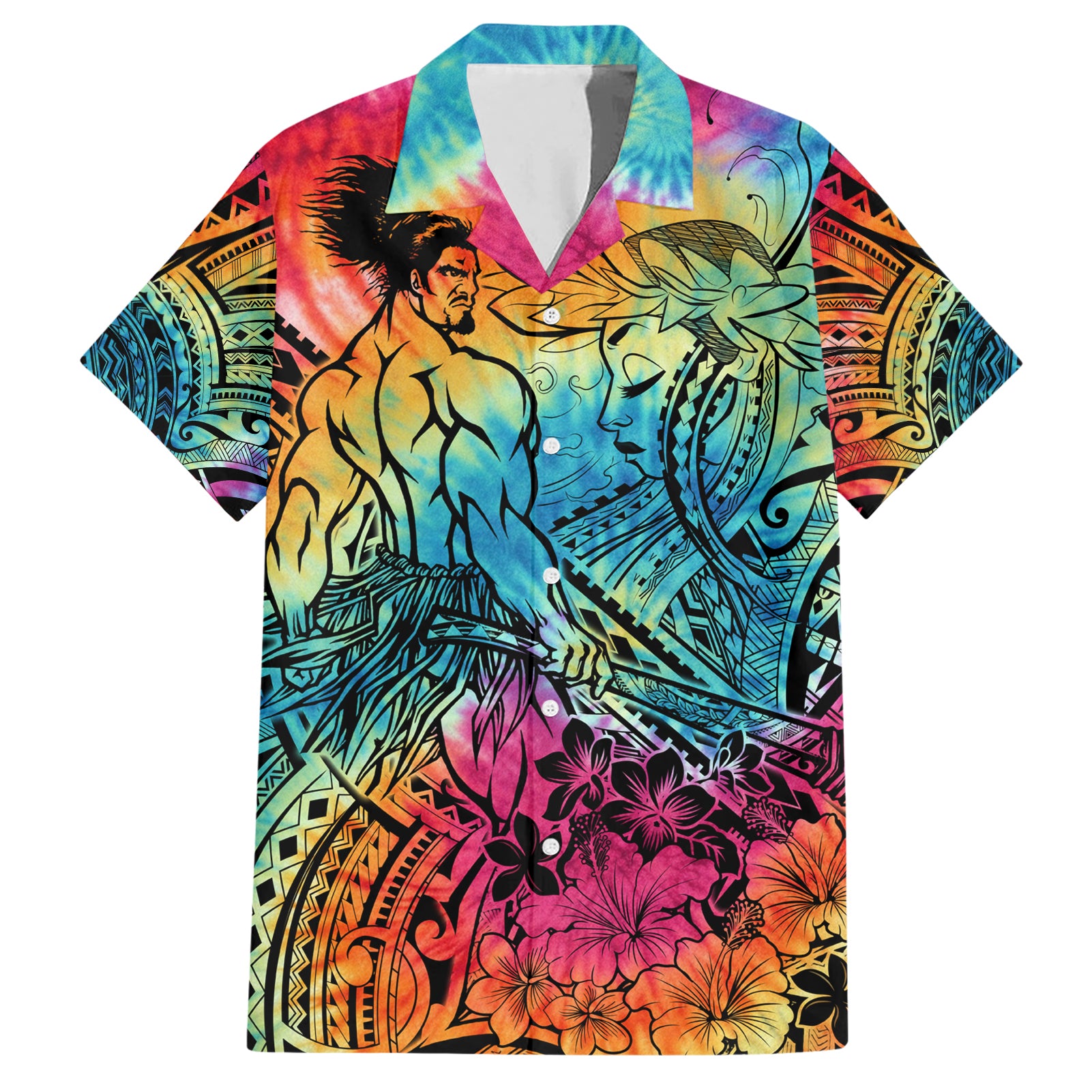 Beauty and The Warrior Polynesian Valentine Hawaiian Shirt Hibiscus FLowers Rainbow Style LT9 Rainbow - Polynesian Pride