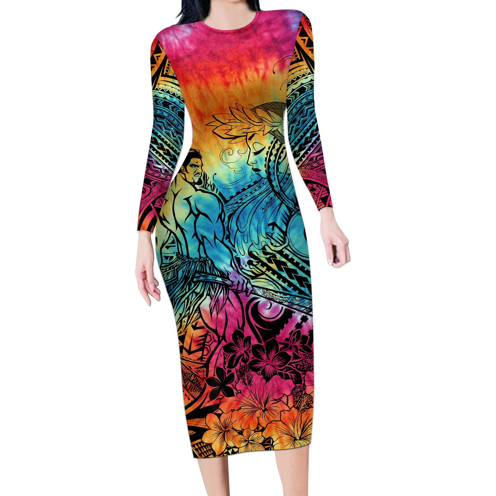 Beauty and The Warrior Polynesian Valentine Long Sleeve Bodycon Dress Hibiscus FLowers Rainbow Style LT9 Long Dress Rainbow - Polynesian Pride