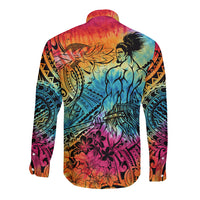 Beauty and The Warrior Polynesian Valentine Long Sleeve Button Shirt Hibiscus FLowers Rainbow Style LT9 - Polynesian Pride