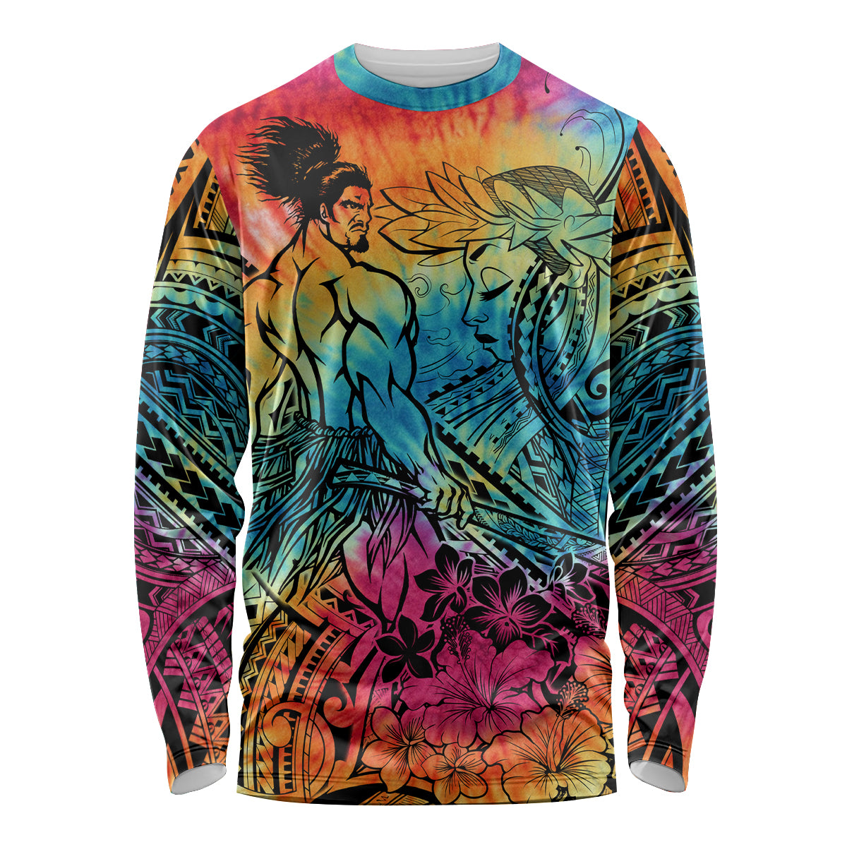 Beauty and The Warrior Polynesian Valentine Long Sleeve Shirt Hibiscus FLowers Rainbow Style LT9 Unisex Rainbow - Polynesian Pride