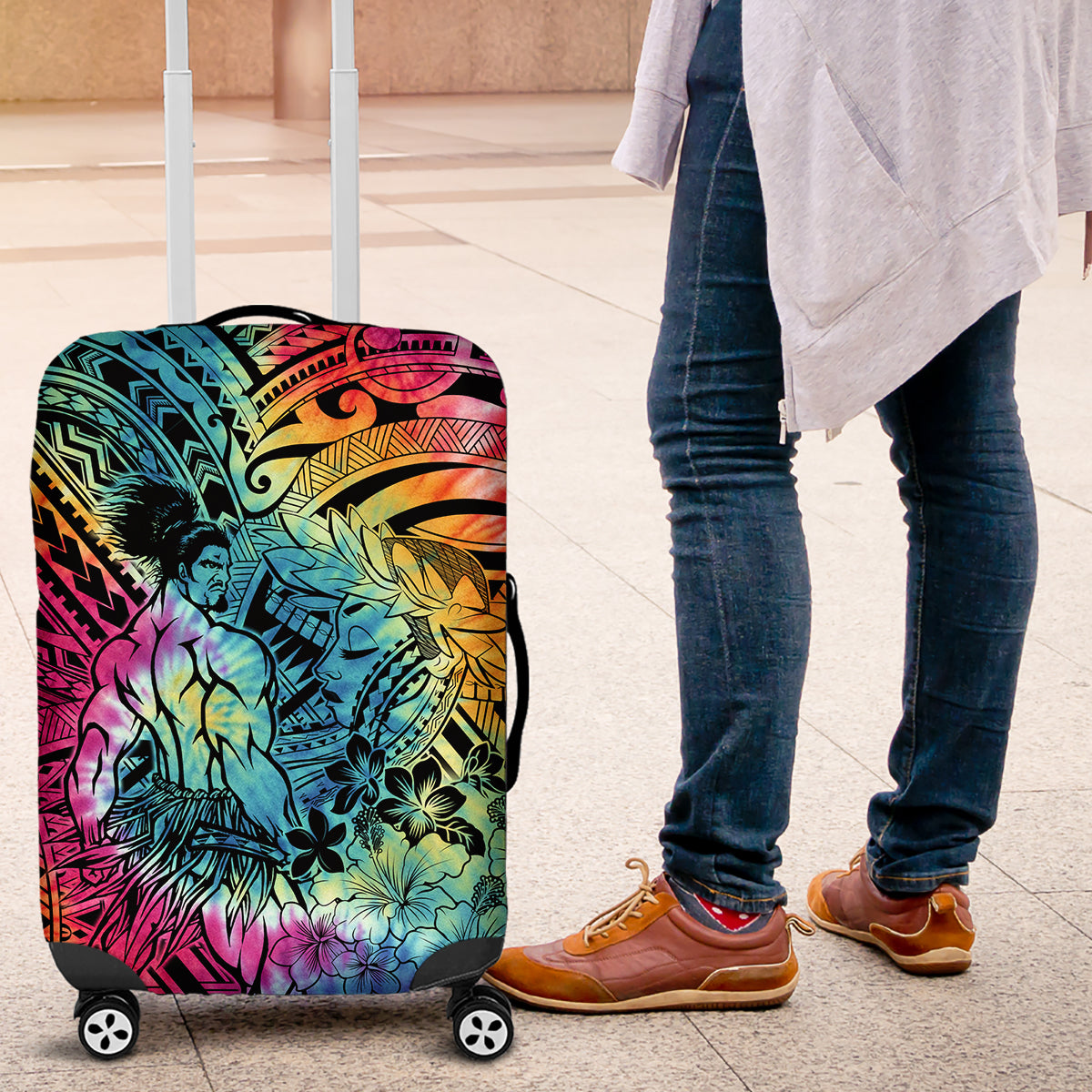 Beauty and The Warrior Polynesian Valentine Luggage Cover Hibiscus FLowers Rainbow Style LT9 Rainbow - Polynesian Pride