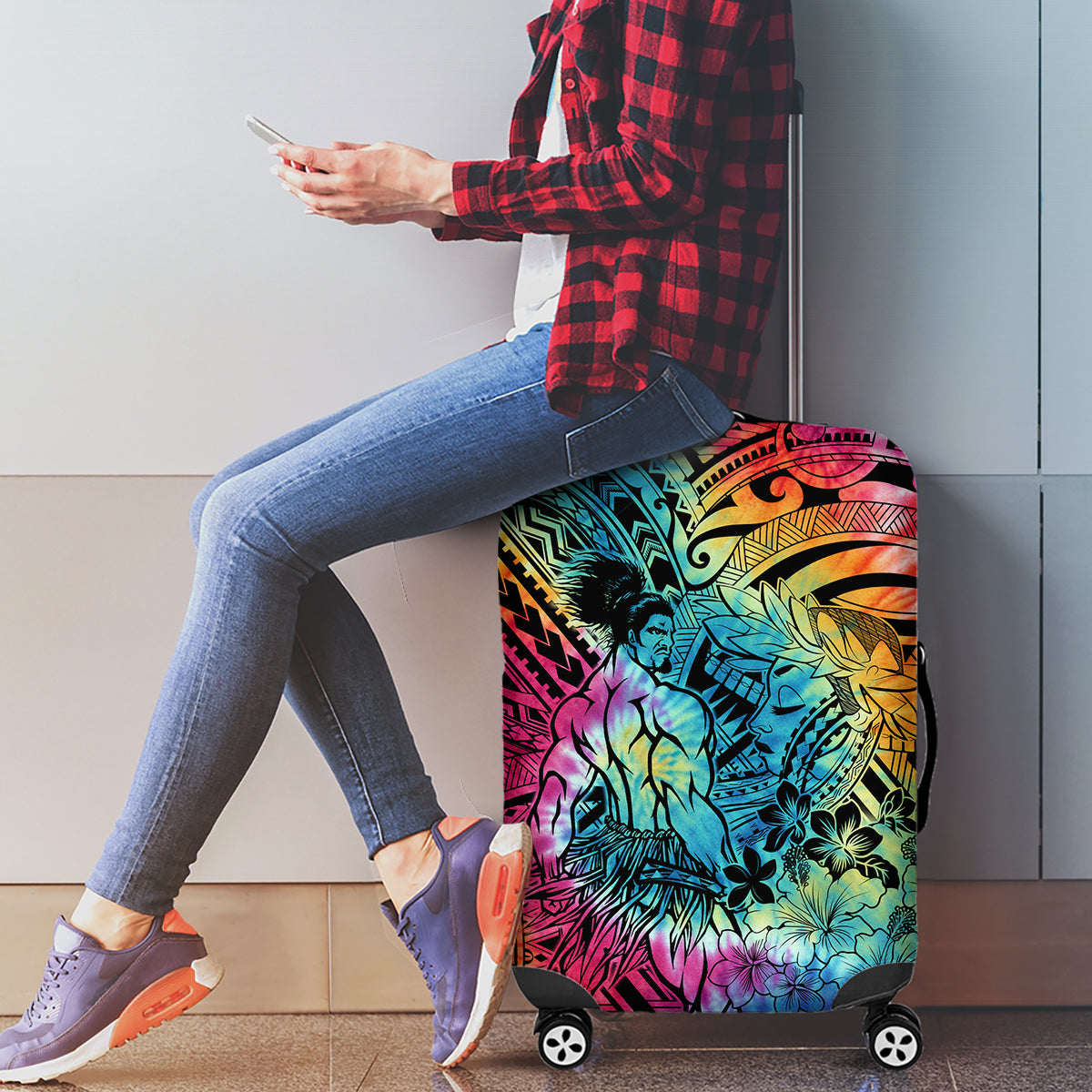 Beauty and The Warrior Polynesian Valentine Luggage Cover Hibiscus FLowers Rainbow Style LT9 - Polynesian Pride