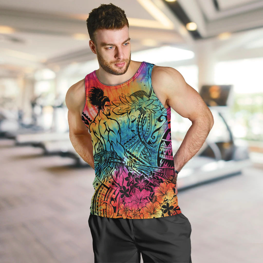 Beauty and The Warrior Polynesian Valentine Men Tank Top Hibiscus FLowers Rainbow Style LT9 Rainbow - Polynesian Pride