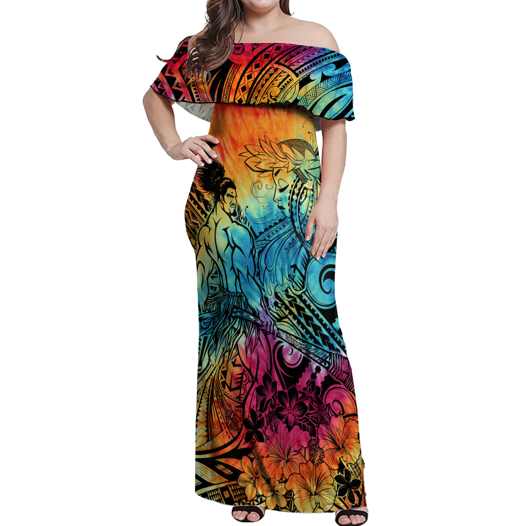 Beauty and The Warrior Polynesian Valentine Off Shoulder Maxi Dress Hibiscus FLowers Rainbow Style LT9 Women Rainbow - Polynesian Pride