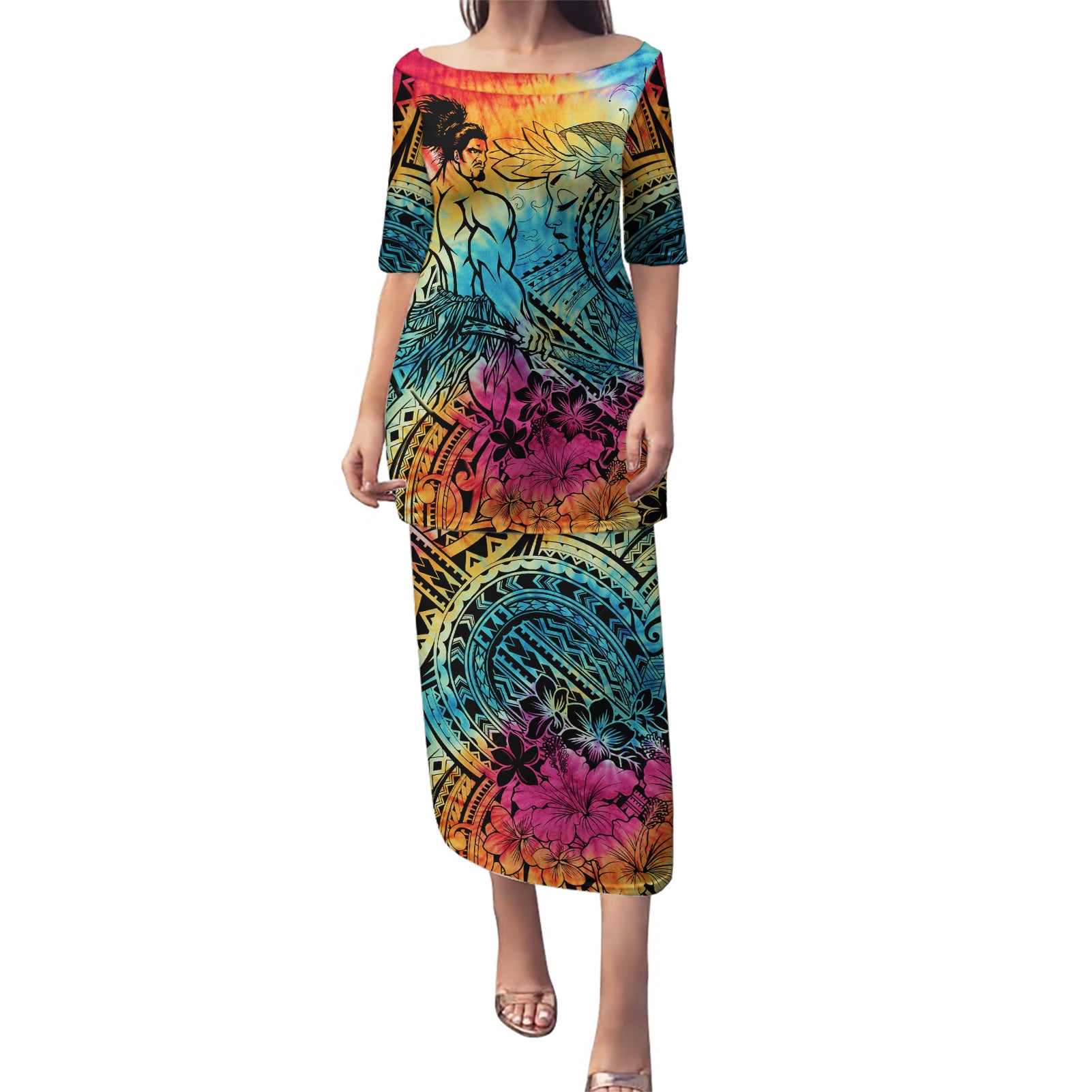 Beauty and The Warrior Polynesian Valentine Puletasi Hibiscus FLowers Rainbow Style LT9 Long Dress Rainbow - Polynesian Pride