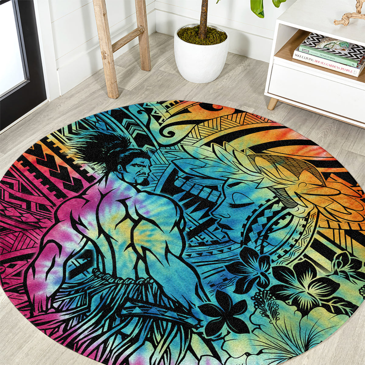 Beauty and The Warrior Polynesian Valentine Round Carpet Hibiscus FLowers Rainbow Style LT9 Rainbow - Polynesian Pride