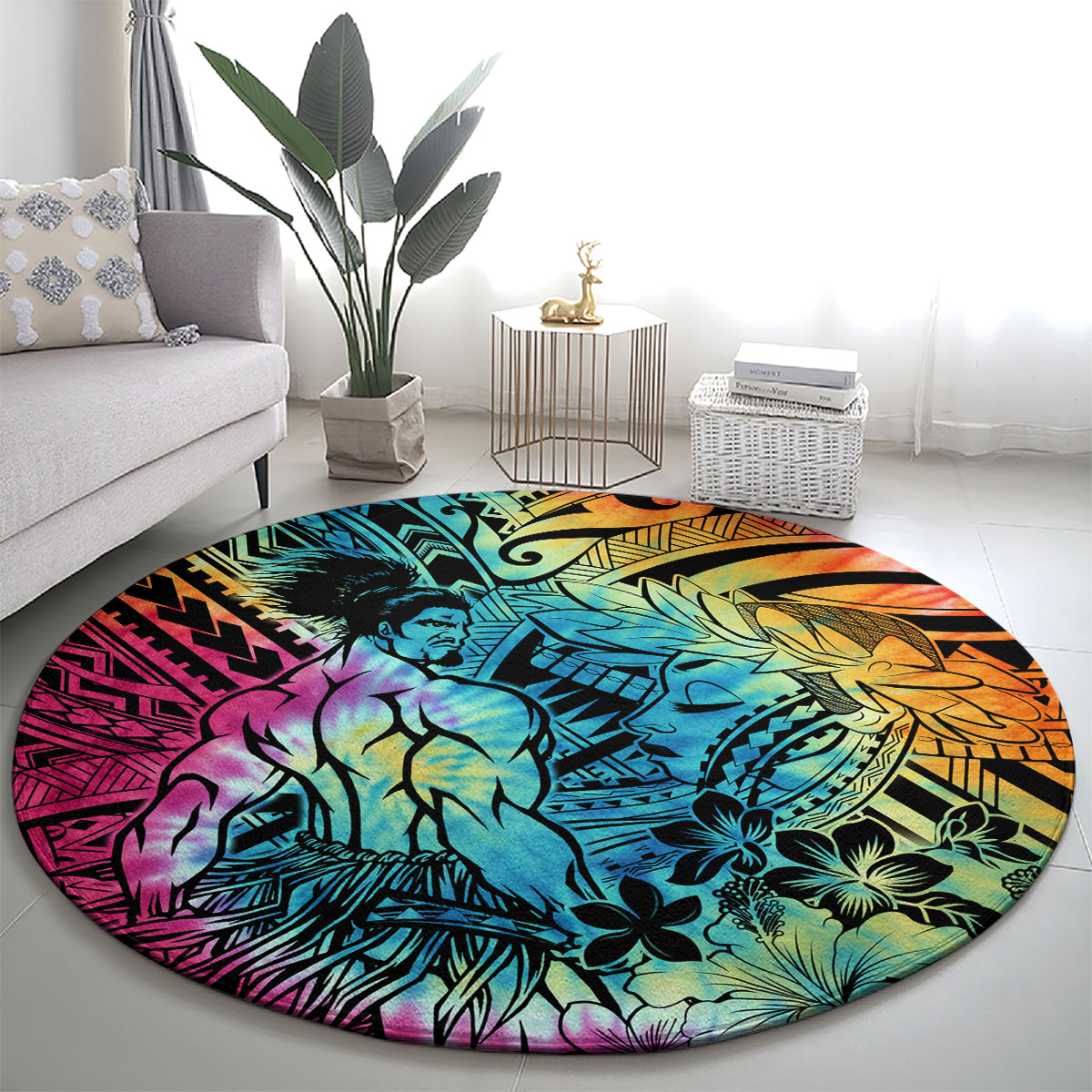 Beauty and The Warrior Polynesian Valentine Round Carpet Hibiscus FLowers Rainbow Style LT9 - Polynesian Pride