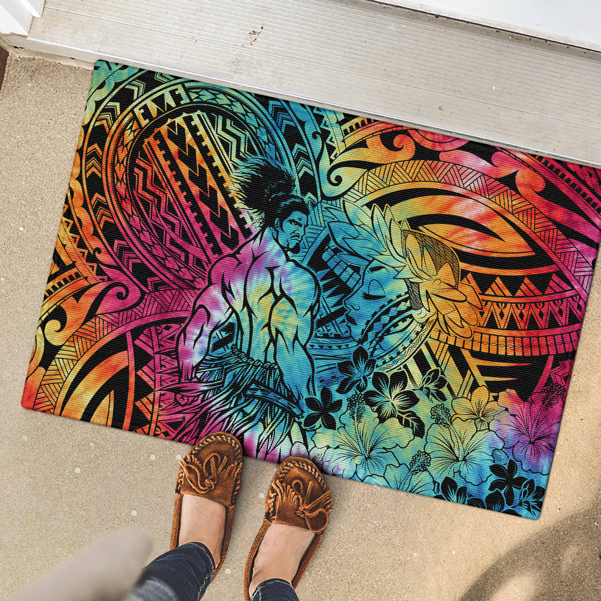 Beauty and The Warrior Polynesian Valentine Rubber Doormat Hibiscus FLowers Rainbow Style LT9 - Polynesian Pride
