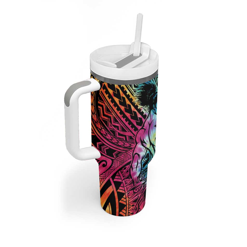 Beauty and The Warrior Polynesian Valentine Tumbler With Handle Hibiscus FLowers Rainbow Style LT9 - Polynesian Pride