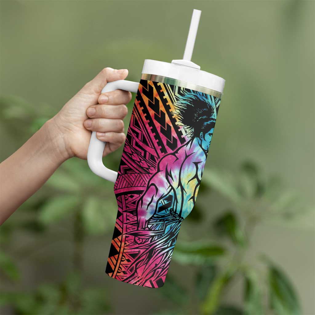 Beauty and The Warrior Polynesian Valentine Tumbler With Handle Hibiscus FLowers Rainbow Style LT9 - Polynesian Pride