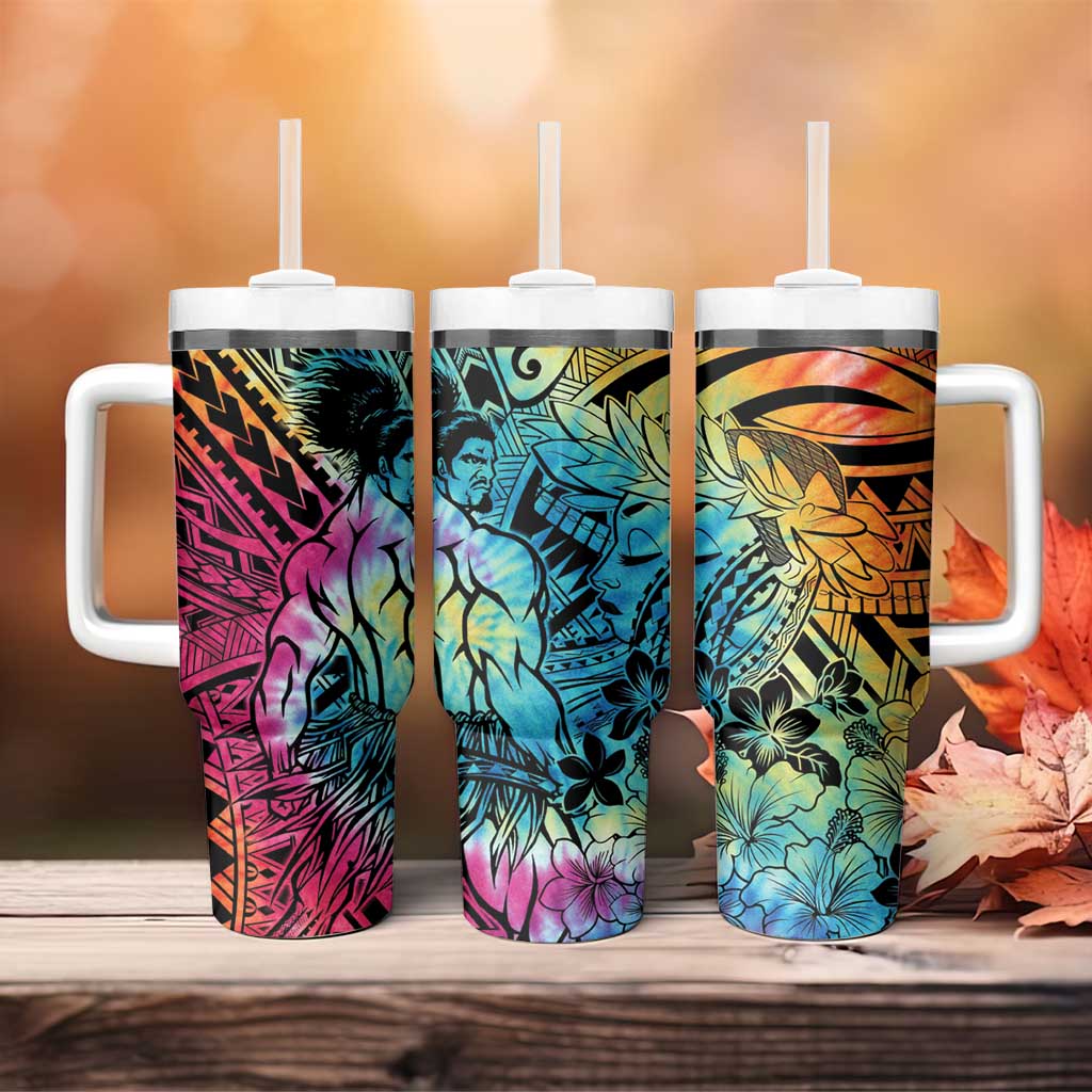 Beauty and The Warrior Polynesian Valentine Tumbler With Handle Hibiscus FLowers Rainbow Style LT9 - Polynesian Pride