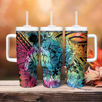 Beauty and The Warrior Polynesian Valentine Tumbler With Handle Hibiscus FLowers Rainbow Style LT9 - Polynesian Pride