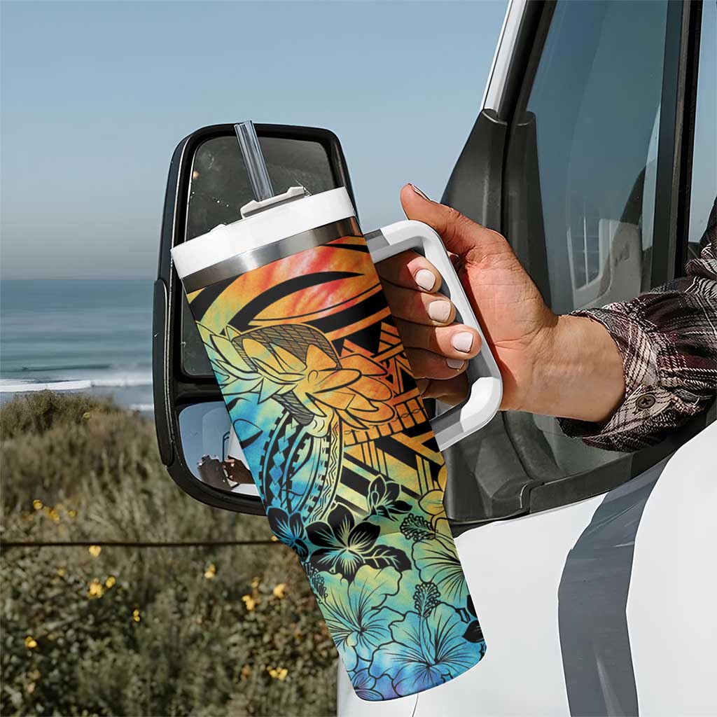 Beauty and The Warrior Polynesian Valentine Tumbler With Handle Hibiscus FLowers Rainbow Style LT9 - Polynesian Pride