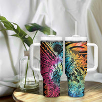 Beauty and The Warrior Polynesian Valentine Tumbler With Handle Hibiscus FLowers Rainbow Style LT9 - Polynesian Pride