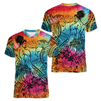 Beauty and The Warrior Polynesian Valentine Women V Neck T Shirt Hibiscus FLowers Rainbow Style LT9 - Polynesian Pride