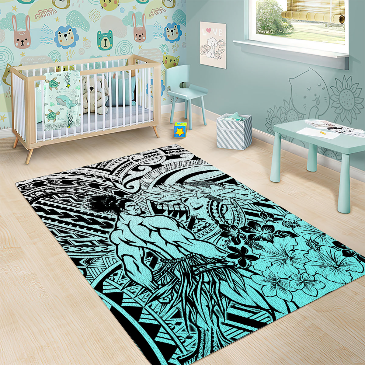 Beauty and The Warrior Polynesian Valentine Area Rug Hibiscus FLowers Turquoise Style LT9 - Polynesian Pride