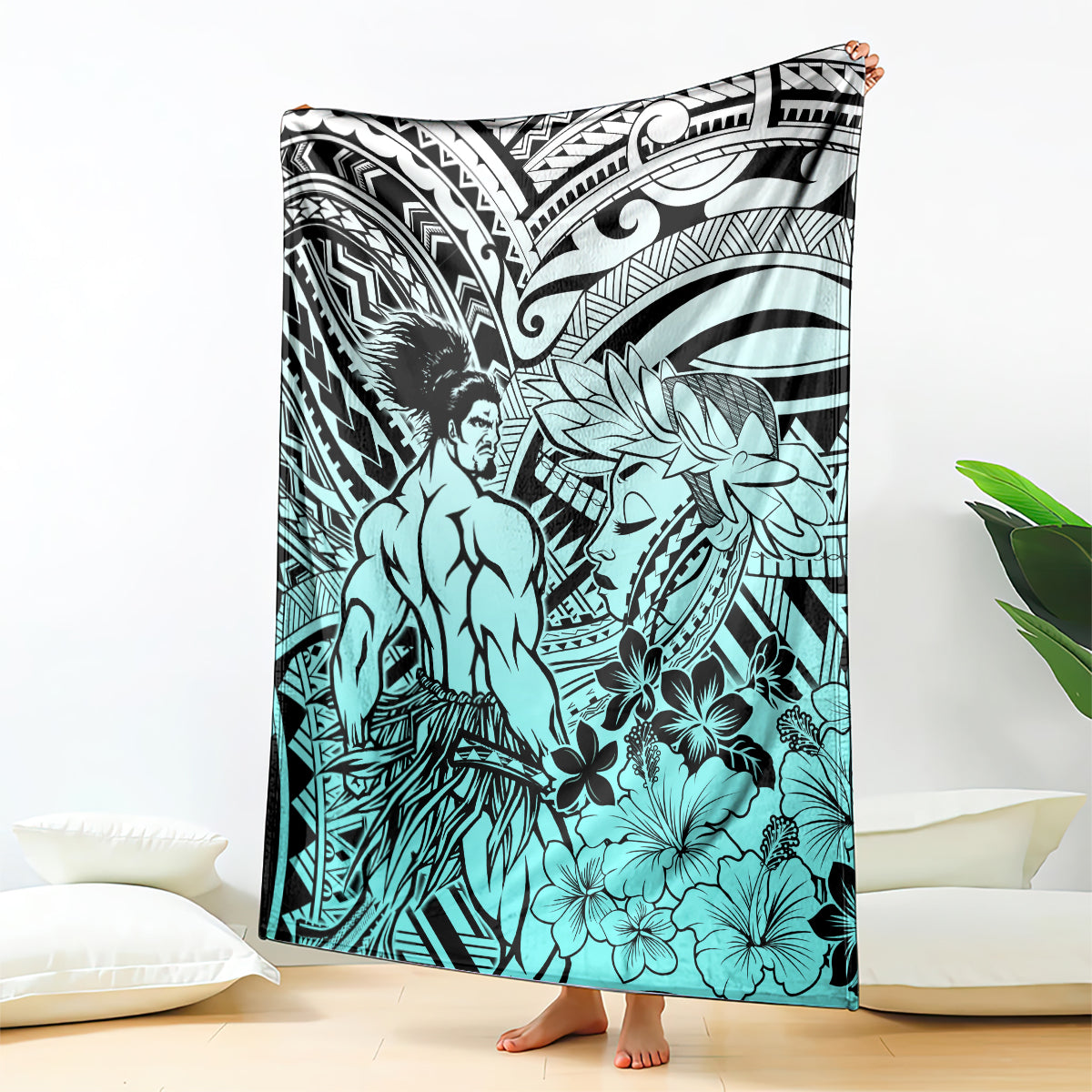 Beauty and The Warrior Polynesian Valentine Blanket Hibiscus FLowers Turquoise Style LT9 Turquoise - Polynesian Pride