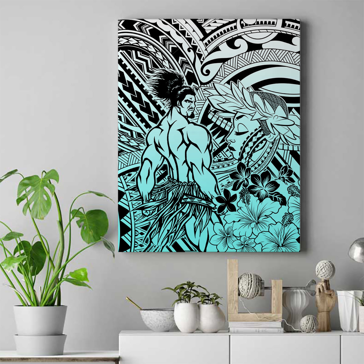 Beauty and The Warrior Polynesian Valentine Canvas Wall Art Hibiscus FLowers Turquoise Style LT9 Turquoise - Polynesian Pride