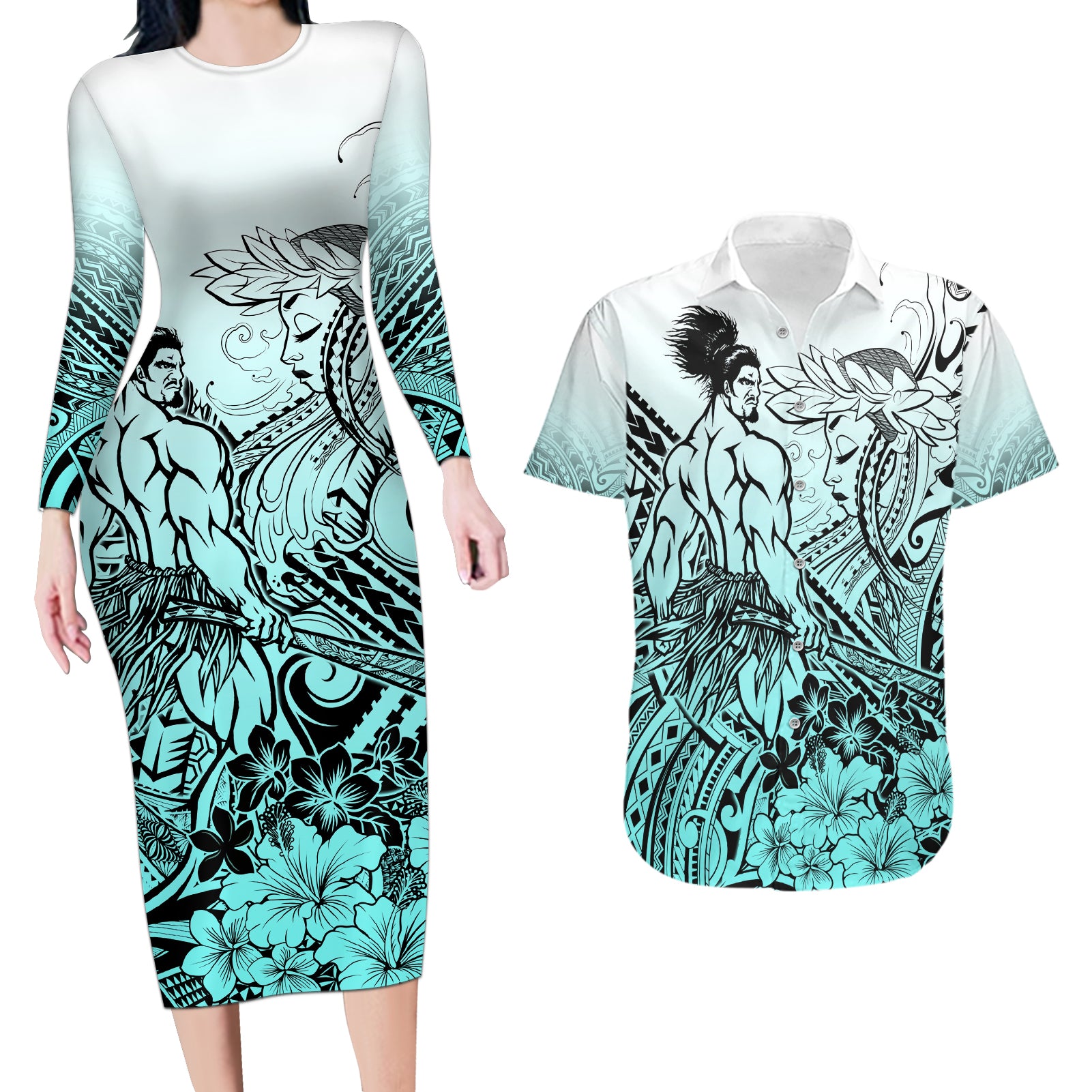 Beauty and The Warrior Polynesian Valentine Couples Matching Long Sleeve Bodycon Dress and Hawaiian Shirt Hibiscus FLowers Turquoise Style LT9 Turquoise - Polynesian Pride