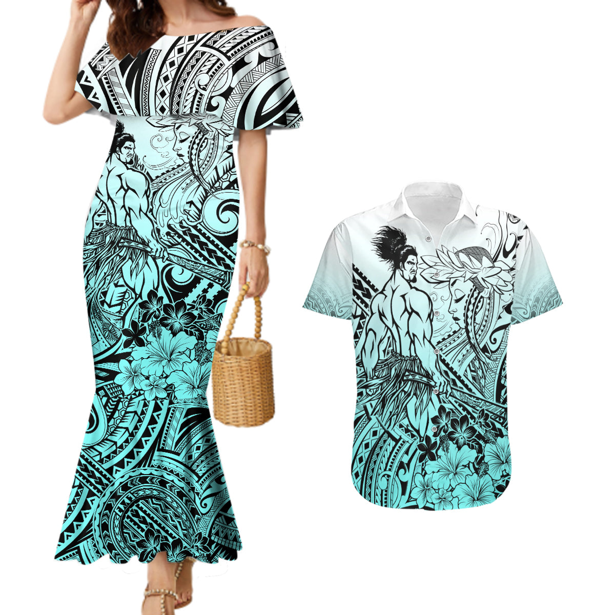 Beauty and The Warrior Polynesian Valentine Couples Matching Mermaid Dress and Hawaiian Shirt Hibiscus FLowers Turquoise Style LT9 Turquoise - Polynesian Pride